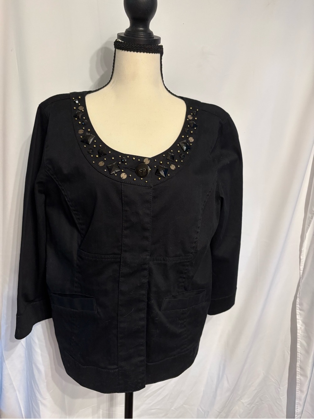 Ruby Rd. Black 3/4 length Bell Sleeve Scoop Neck Top with Embellished Neckline